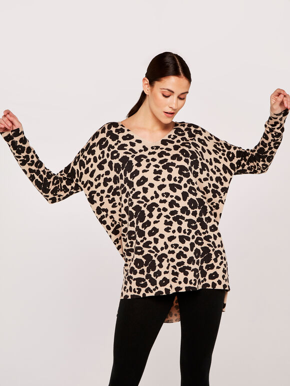 Leopard Print Soft Jumper, Stone, large