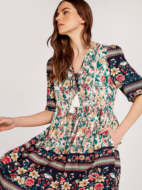Floral Border Dress, Cream, large