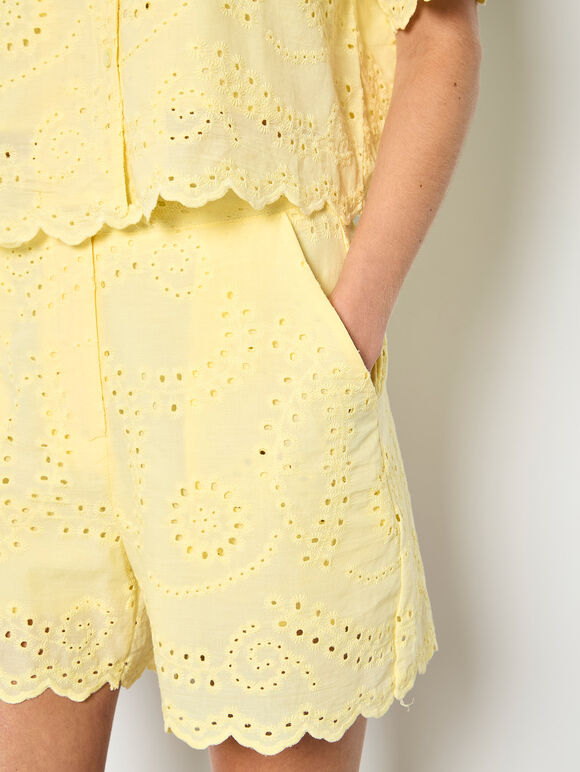 Scalloped Broderie Mini Shorts, Yellow, large