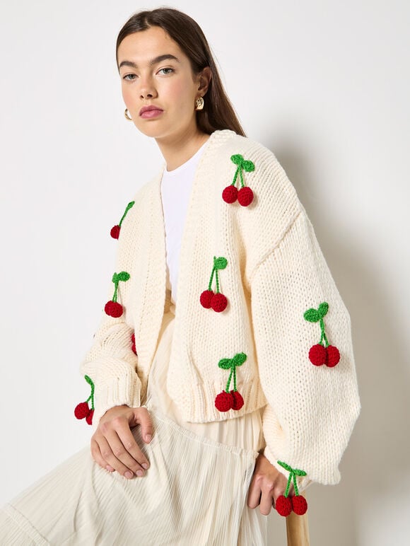 Chunky Knit Cherry Cardigan, Cream, large