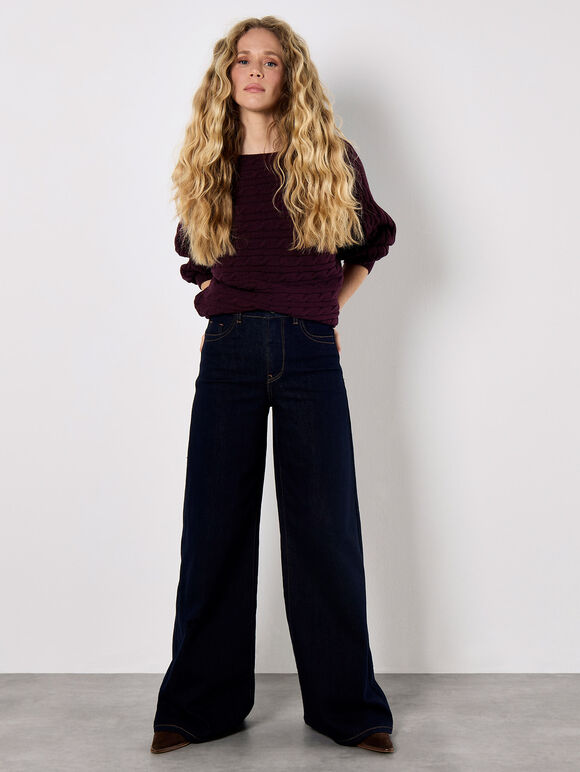 Cable Stripe Batwing Aran Jumper, Purple, large