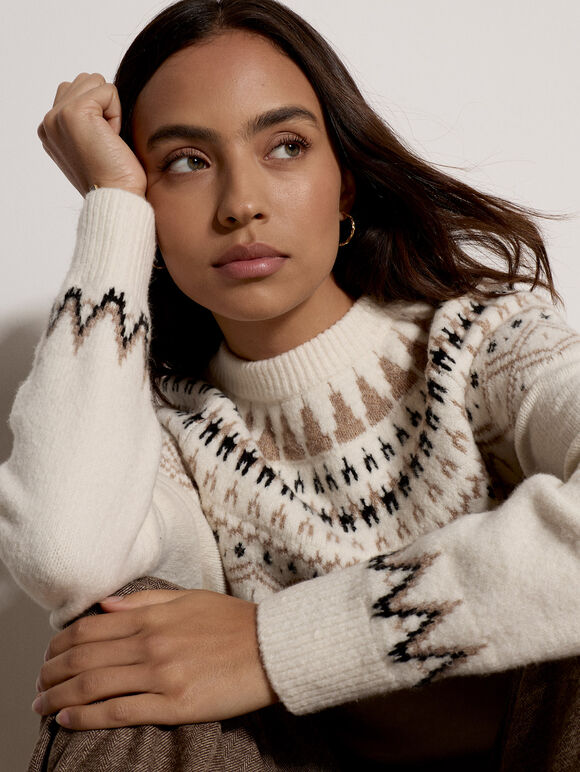Cotton Blend Brushed Fair Isle Jumper, Cream, large