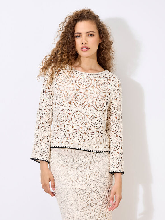 Crochet Circles Blanket Stitch Top, Stone, large