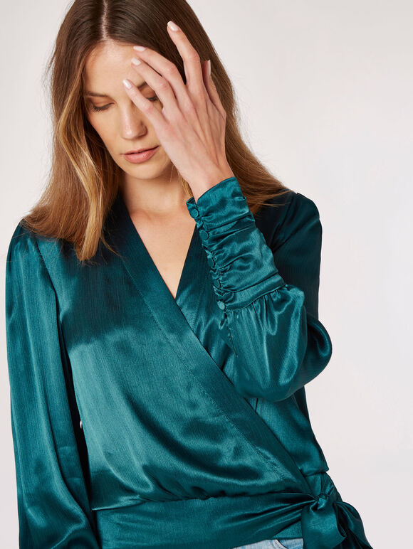 Textured Satin Wrap Top, Teal, large