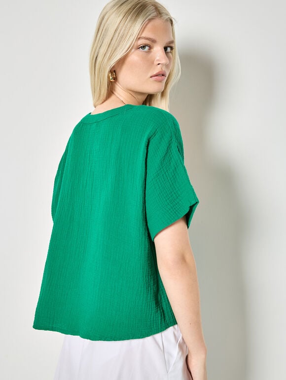 Textured V-Neck Blouse, Green, large