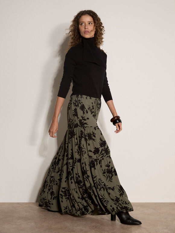 Floral Silhouette Crepe Midi Skirt, Khaki, large