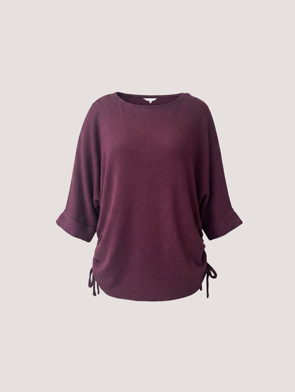 Soft Touch Drawstring Batwing Top, Burgundy, large
