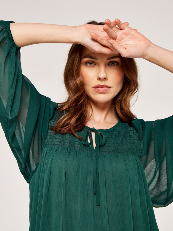 Crinkle Tiered Chiffon Dress, Green, large
