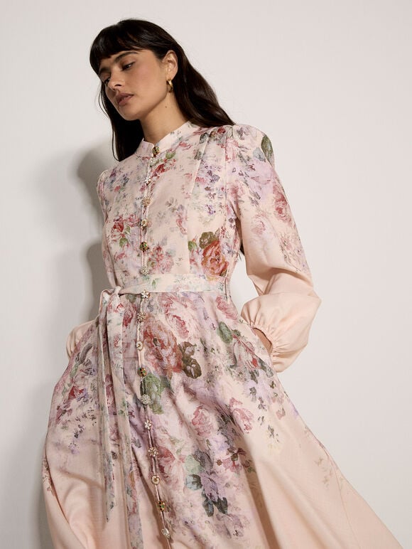 Vintage Floral Midi Dress, Pink, large