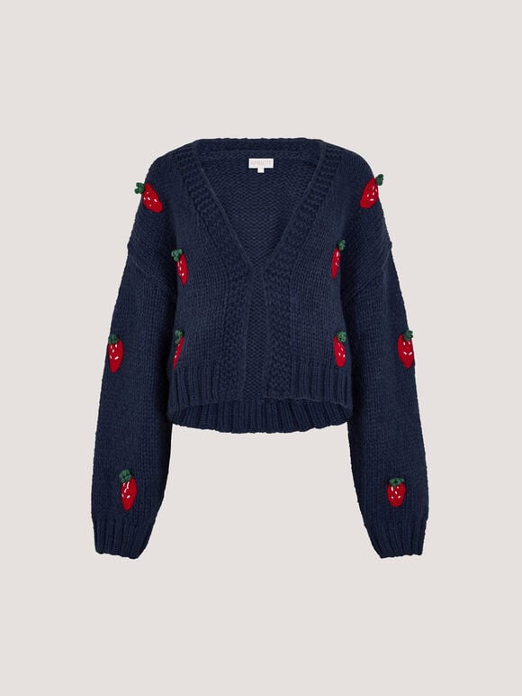 Chunky Knit Strawberry Cardigan, Navy, large