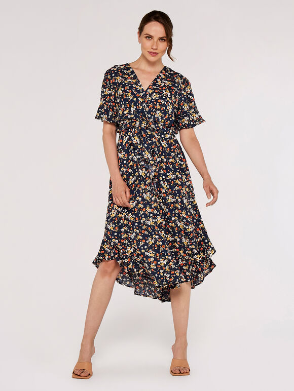 Floral Knot Midi Dress, Navy, large