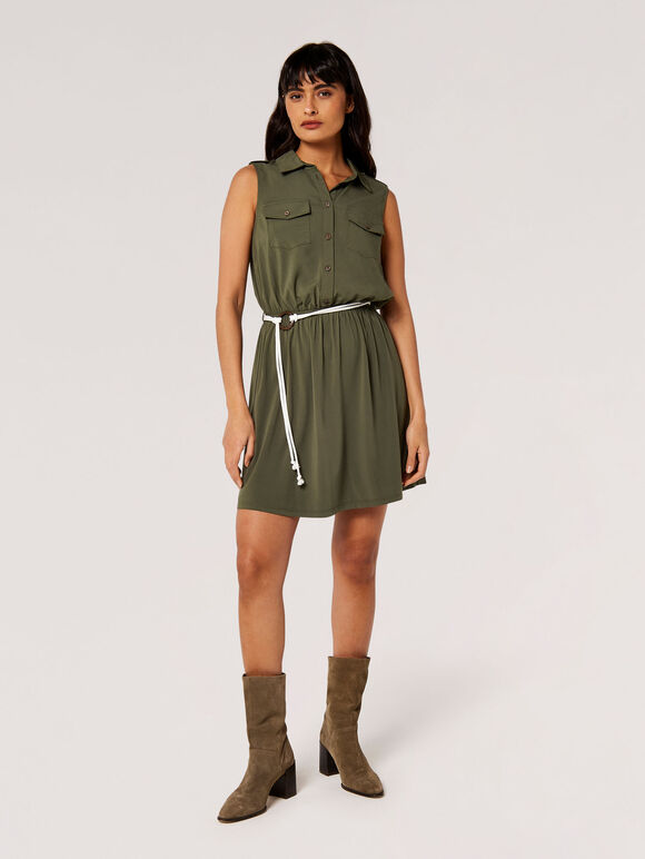 Sleeveless Shirt Mini Dress, Khaki, large