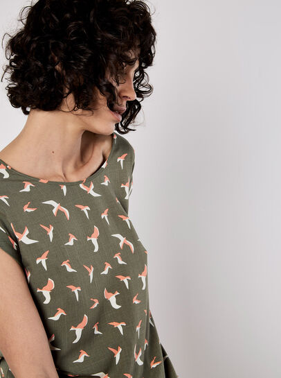 Bird Print Graphic Woven T-Shirt