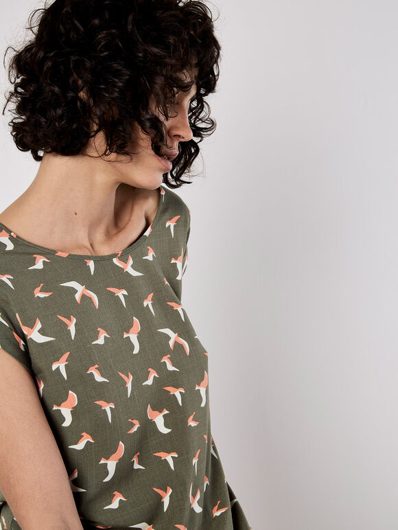 Bird Print Graphic Woven T-Shirt, Khaki, large