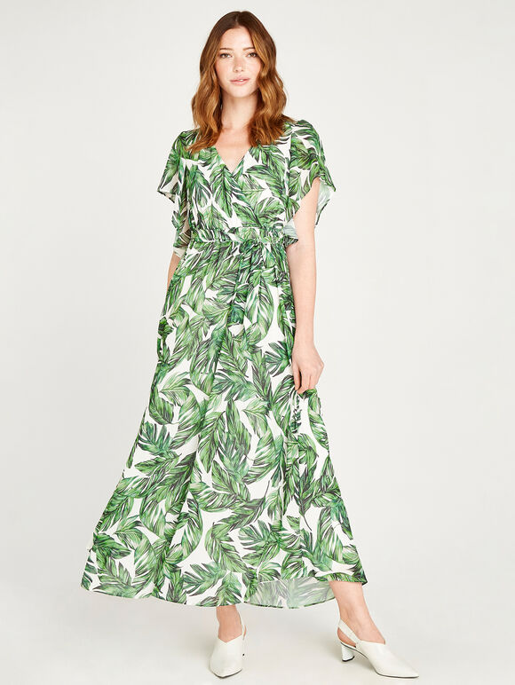 Tropical Leaf Kimono Maxi Dress, Cream, large