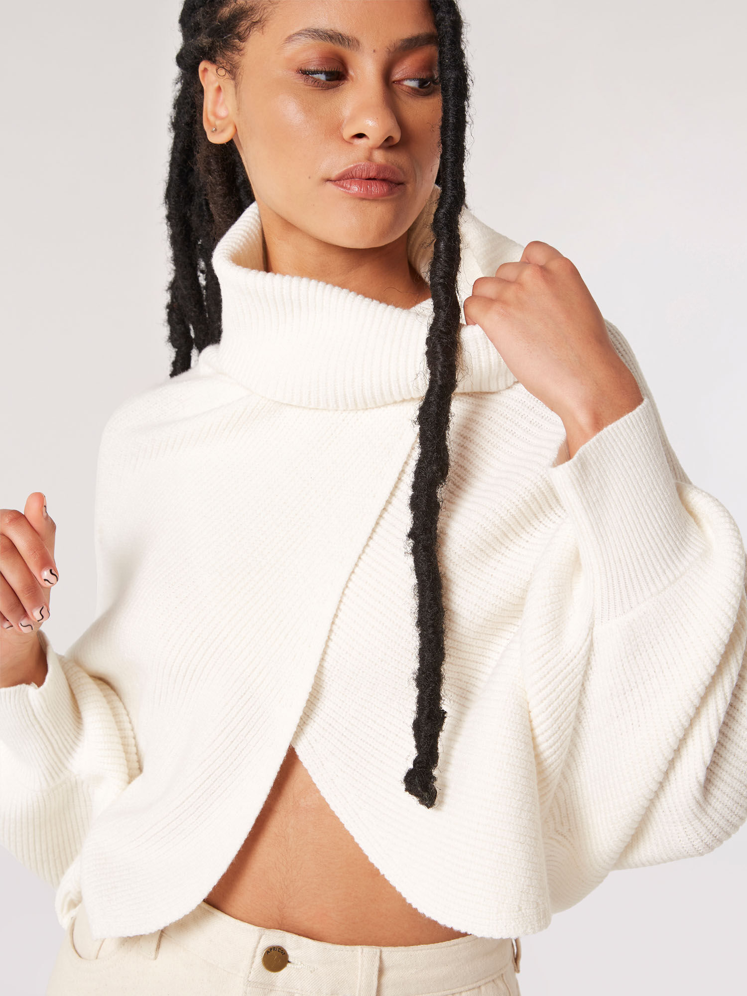 Cowl Neck Ribbed Wrap Jumper Apricot Clothing