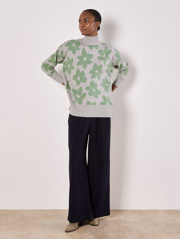 Flower Oversized Mock Neck Jumper, Grey, large