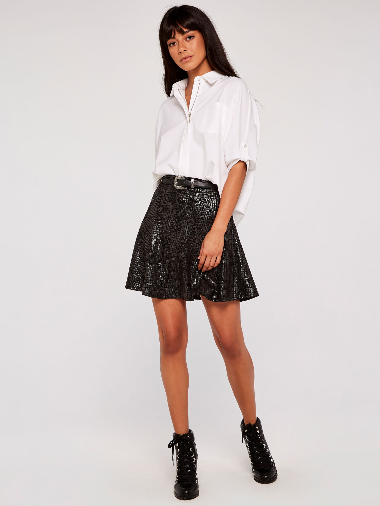 Croc Print Foiled Flare Skirt Apricot Clothing