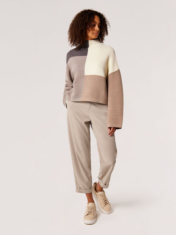 Colour Block Ribbed Mock Neck Jumper, Stone, large