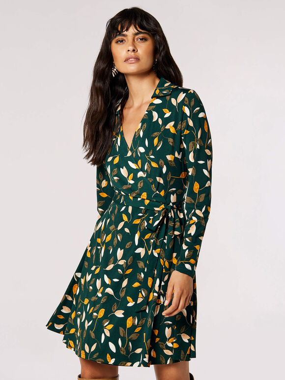 Silhouette Leaf Wrap Mini Dress, Green, large