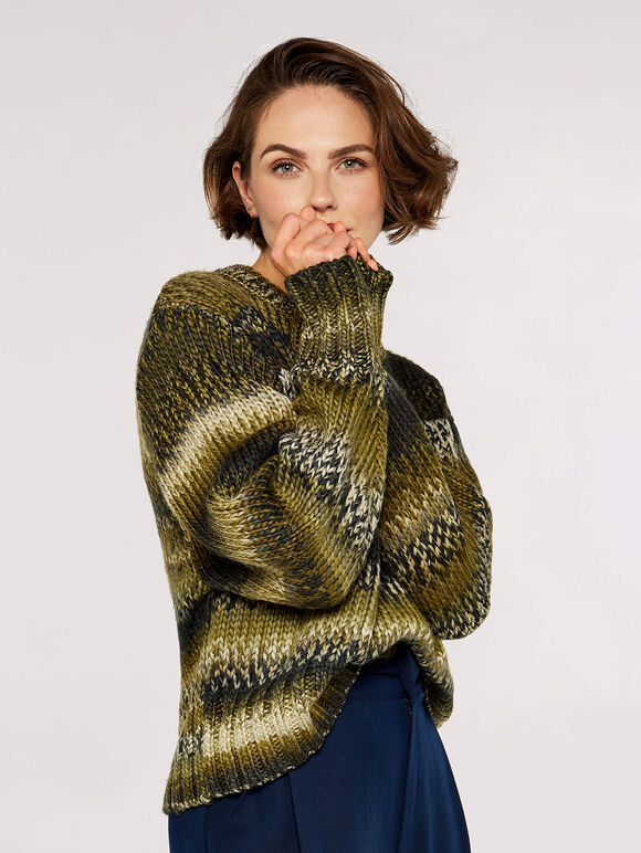 Chunky Knit Tonal Stripe Jumper, Green, large