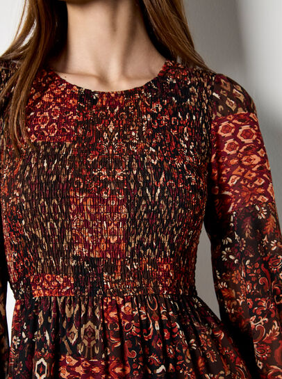 Ikat Patchwork Smocked Chiffon Midi Dress