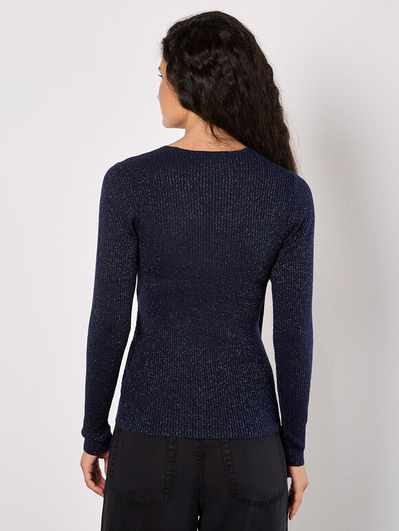 Ribbed Knit Sparkle Wrap Jumper, Navy, large