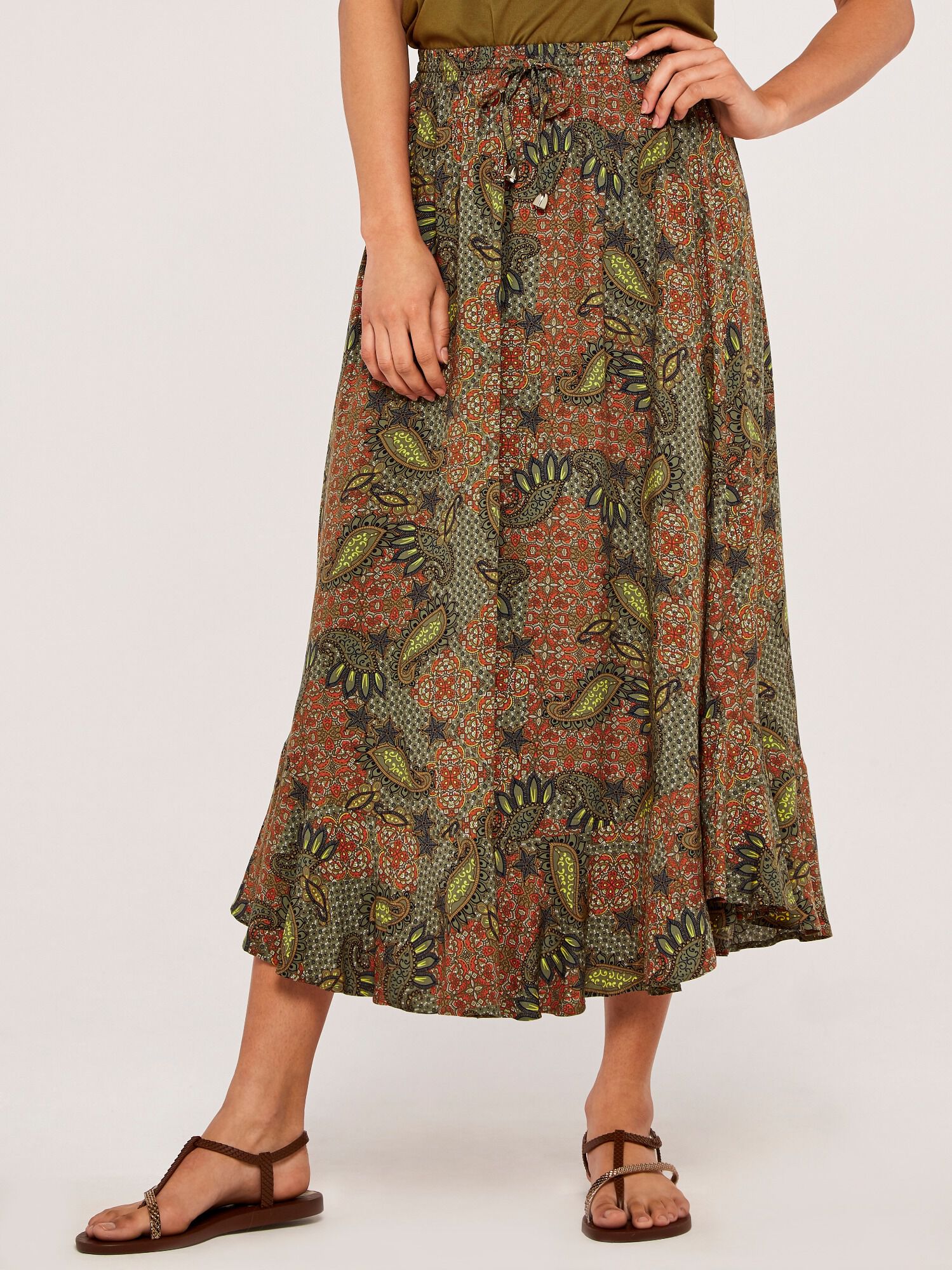 Khaki curved hem skirt cheap