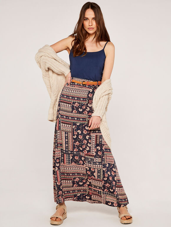 Patchwork Belted Skirt, Navy, large