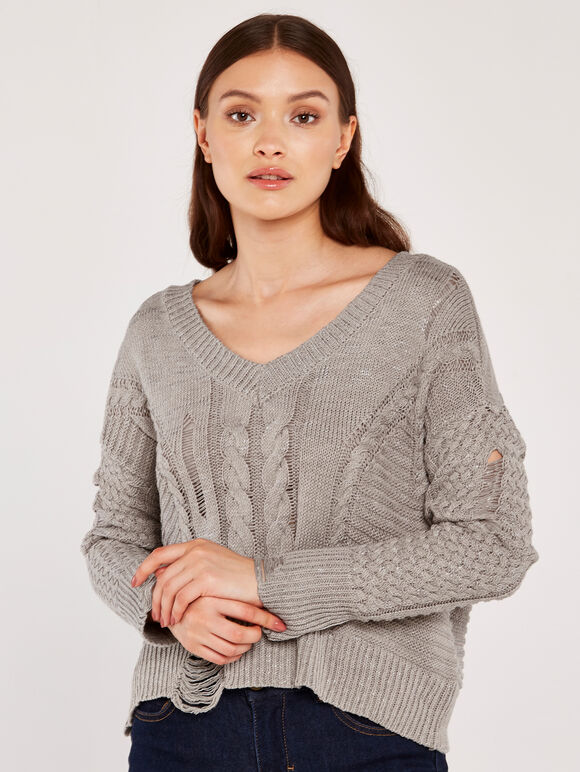 Aran And Mixed Knit Crop Top, Grey, large