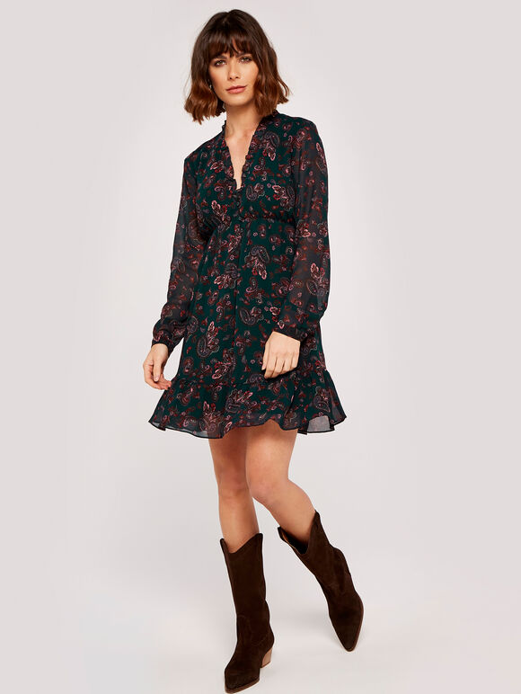 Paisley Long Sleeve Ruffle Dress, Green, large