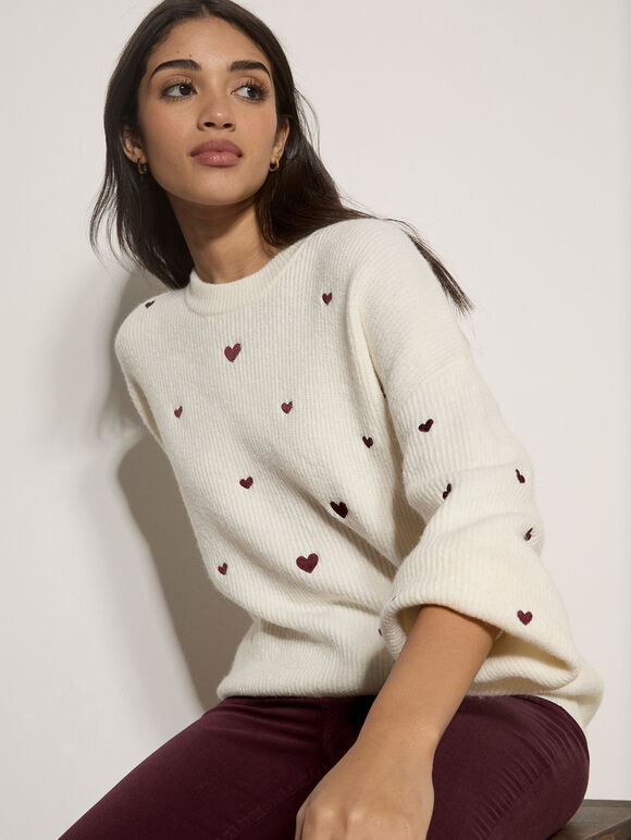 Embroidered Heart Jumper, Cream, large