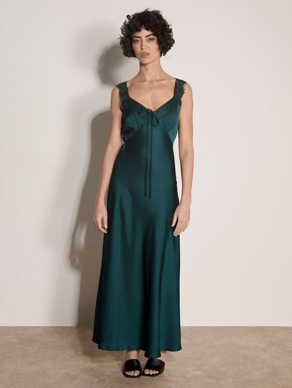 Satin Lace Maxi Dress, Green, large