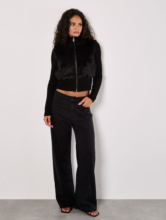 Faux Fur Ribbed Knit Cardigan, Black, large
