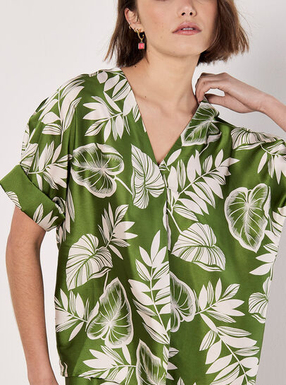Tropical Leaf Print Satin T-Shirt