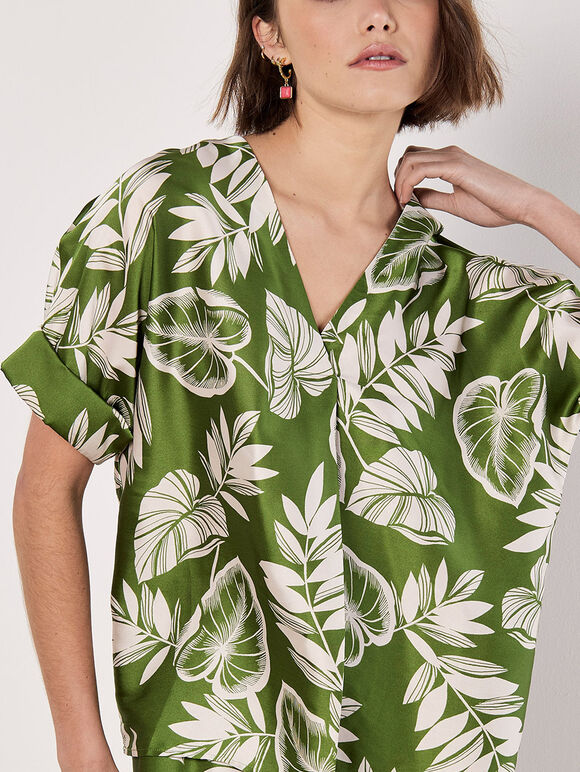 Tropical Leaf Print Satin T-Shirt, Green, large