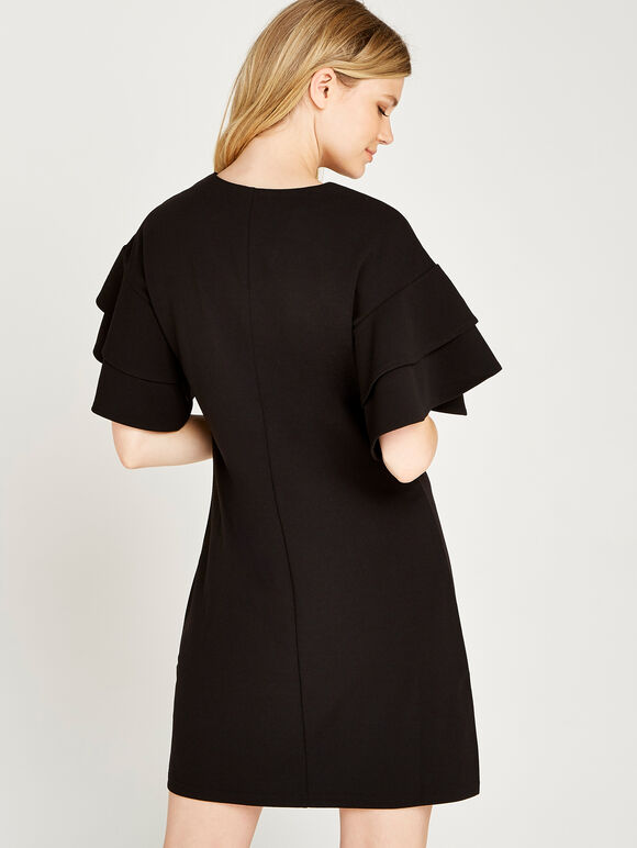 Black Ruffle V-Neck Shift Dress, Black, large