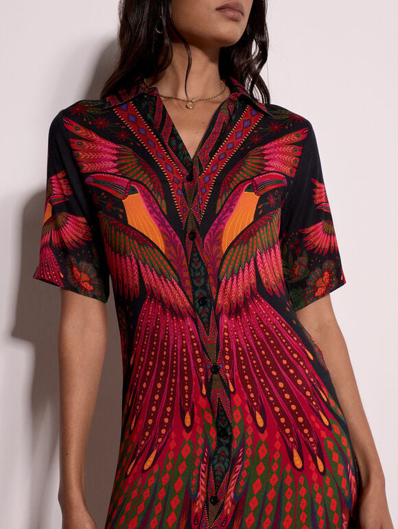 Toucan Tropical Shirt Maxi Dress, Black, large