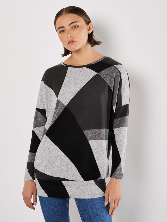Geo Colour Block Knitted Top, Grey, large