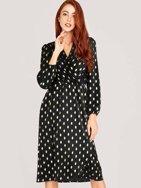 Metallic Gold Spot Midi Dress, Black, large