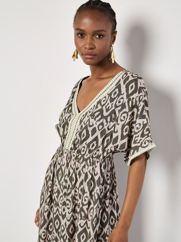 Ikat Swirl Shimmer Maxi Dress, Khaki, large
