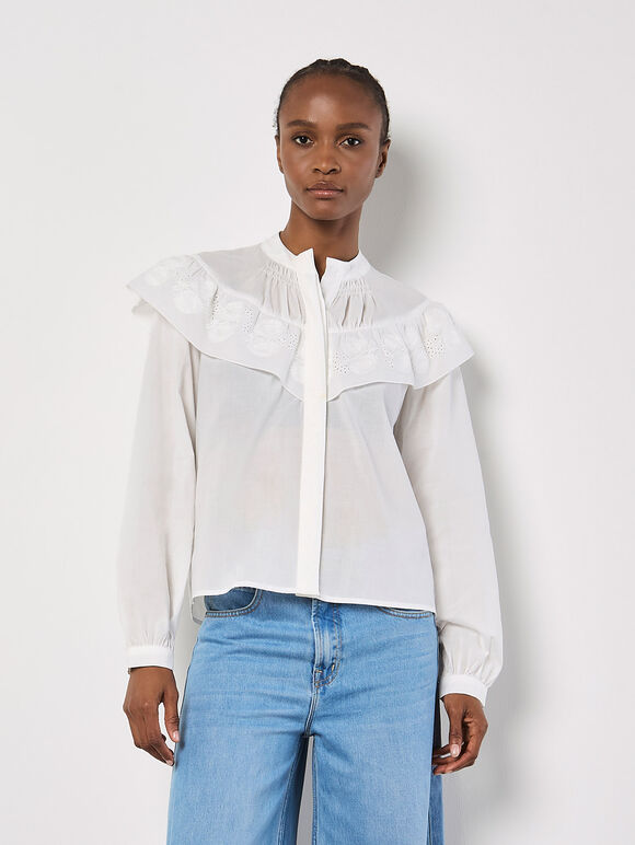Embroidered Ruffle Shirt, White, large