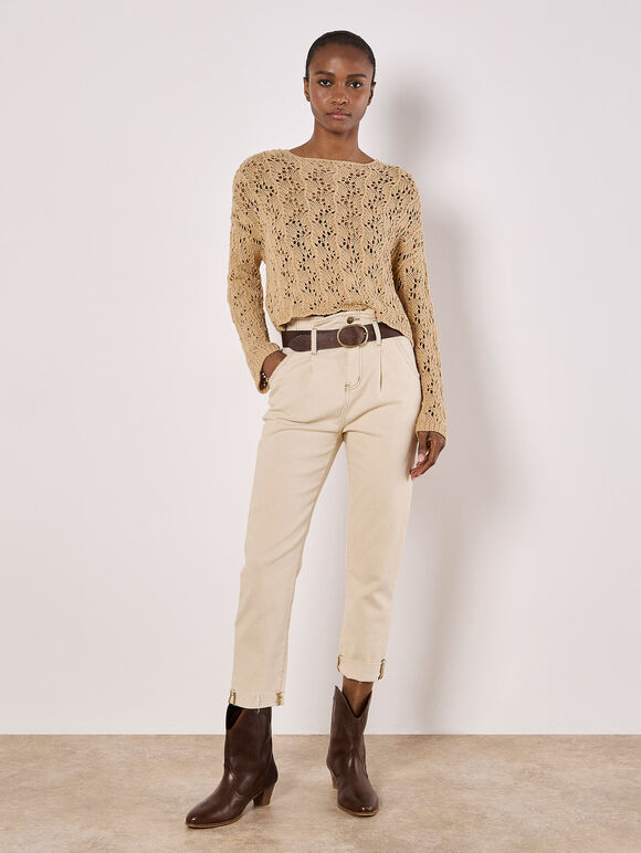 Pointelle Scallop Hem Jumper, Stone, large