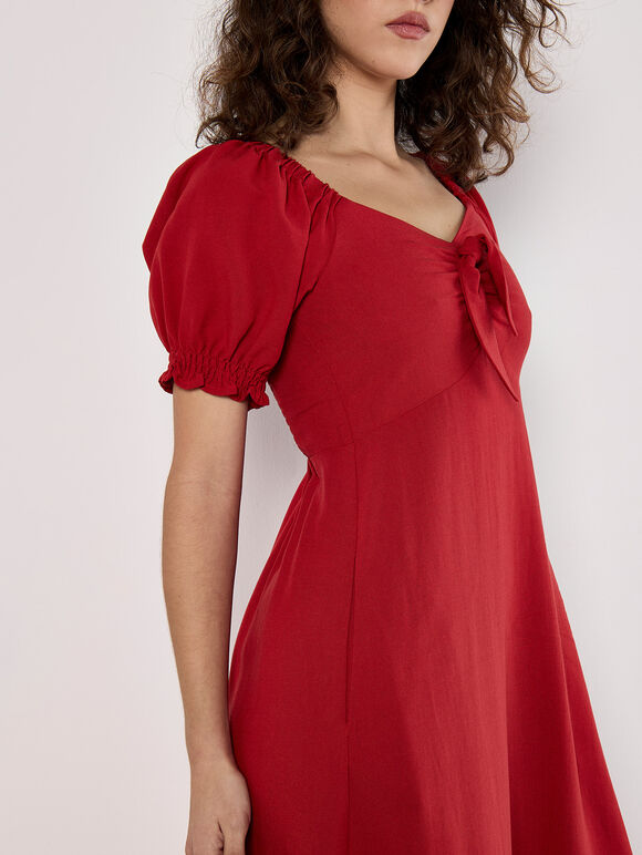 Tie Detail Milkmaid Midaxi Dress, Red, large