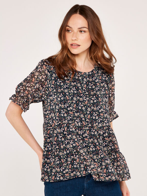  Floral Ruffle Tiered Top, Navy, large