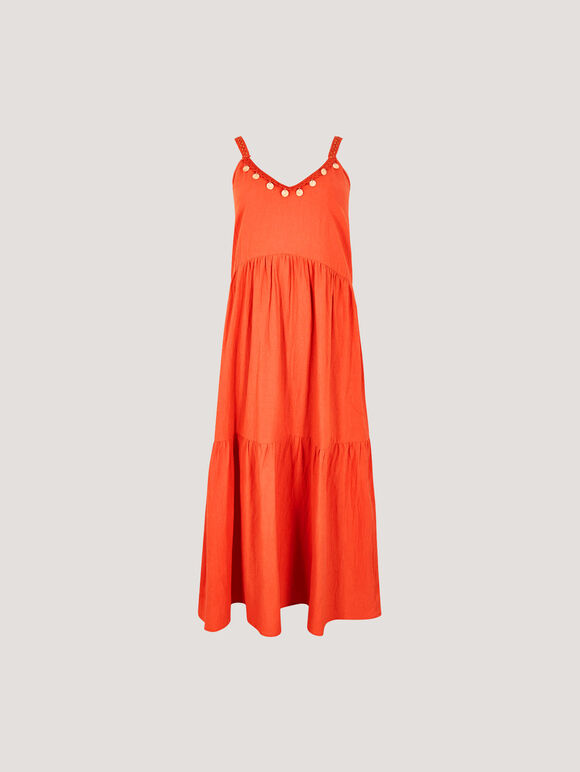 Bead Embellished Cotton Midaxi Dress, Orange, large
