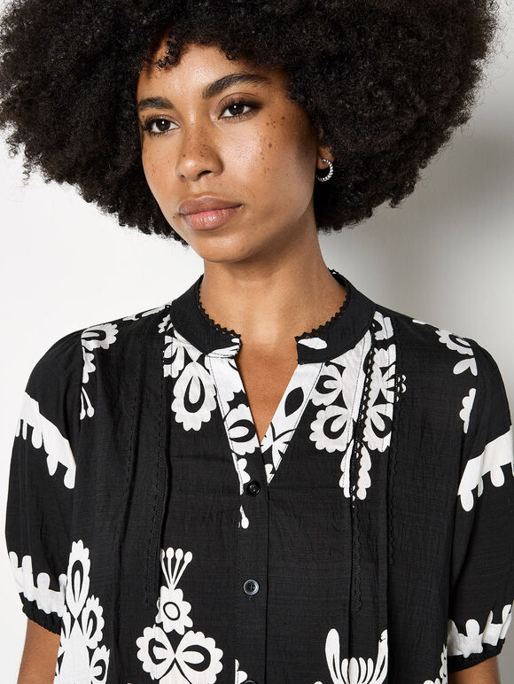 Baroque Print Shirt Mini Dress, Black, large