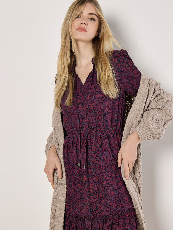 Mosaic Print Chiffon Maxi Dress, Burgundy, large
