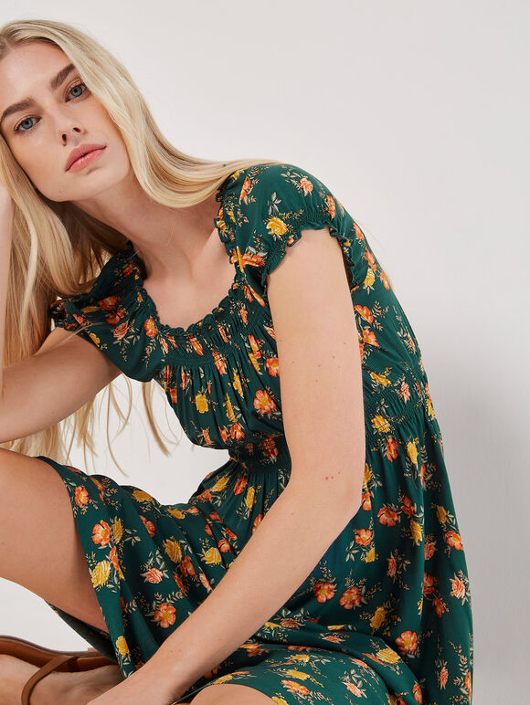 Vintage Rose Milkmaid Midi Dress, Green, large