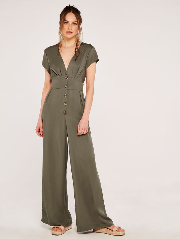 Button Down Wide Leg Jumpsuit, Khaki, large